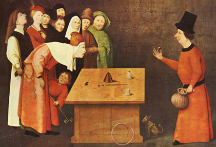 A mouse pad featuring The Conjurer, by Hieronymus Bosch, ca 1490